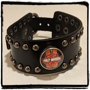 Leather Harley Davidson Studded Cuff Bracelet Black Adjustable Length